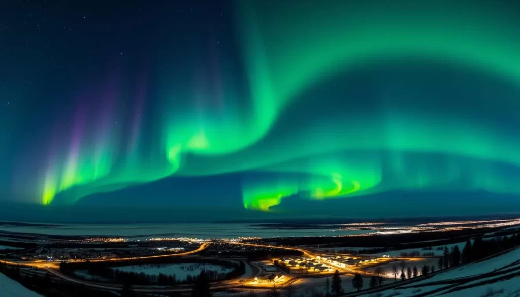 A panoramic landscape of the stunning Northern Lights dancing across the night sky over the city of Yellowknife, Northwest Territories. The aurora borealis illuminates the scene with vibrant greens, blues, and purples, reflecting off the frozen lakes and snow-capped mountains in the distance. In the foreground, the city skyline is silhouetted, with the Aurora Village and its traditional teepee-style structures visible. The image is captured with a wide-angle lens, conveying the grandeur and vastness of this natural wonder in the northern reaches of Canada.