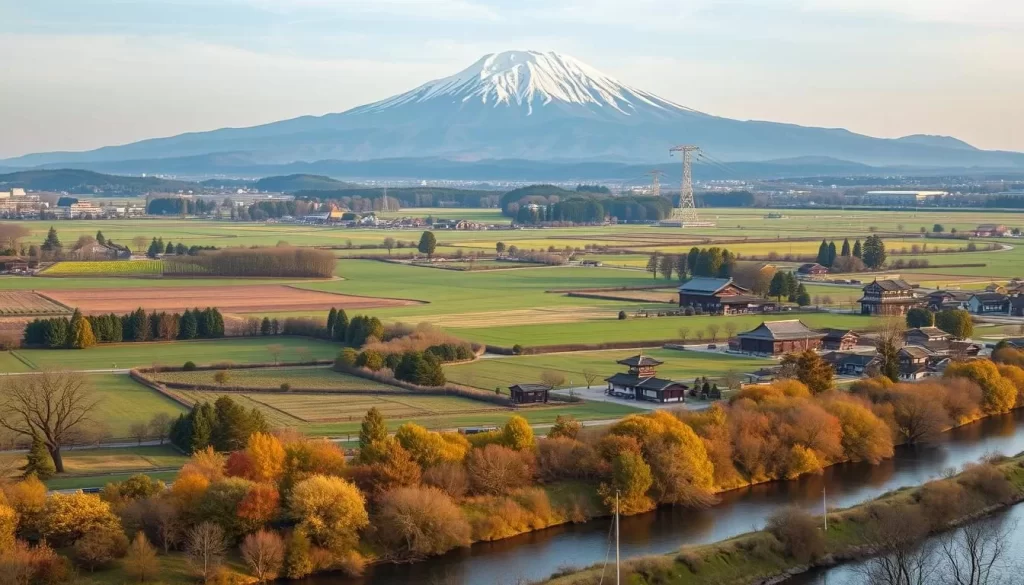 A panoramic landscape showcasing the diverse climate of Kansai, Japan. A serene mountain range rises in the background, its peaks dusted with a light layer of snow. In the middle ground, a patchwork of lush, verdant fields and orchards stretches out, dotted with traditional Japanese farmhouses and temples. In the foreground, a tranquil river winds its way through the scene, its surface reflecting the warm, golden hues of the afternoon sun. The overall atmosphere is one of peaceful harmony, capturing the essence of Kansai's temperate, four-season climate.