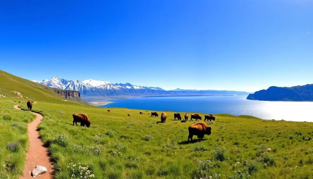 A panoramic view of Antelope Island, Utah, on a bright, sunny day. In the foreground, a well-maintained hiking trail winds through lush, verdant grasslands dotted with wildflowers. In the middle ground, a group of bison graze peacefully, their shaggy brown coats gleaming in the warm light. Beyond them, the majestic Wasatch Range rises, its snow-capped peaks reaching towards a brilliant blue sky. In the distance, the shimmering waters of the Great Salt Lake stretch out, framed by the rugged, rugged cliffs of the island. The scene exudes a sense of tranquility and natural beauty, inviting visitors to immerse themselves in the wonder of Antelope Island.