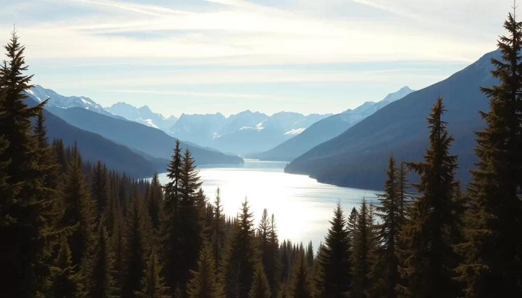 A panoramic view of Canada's diverse climate, captured on a crisp, sunny day. In the foreground, a lush, verdant forest with towering evergreen trees; in the middle ground, a glistening lake reflecting the surrounding mountains; and in the background, snowcapped peaks reaching towards the azure sky. Warm sunlight filters through the scene, casting a golden glow and creating a sense of tranquility and balance. The composition embraces the country's remarkable geographical range, from the rugged, mountainous regions to the serene, forested landscapes, all under the watchful eye of a picturesque, weather-friendly day.