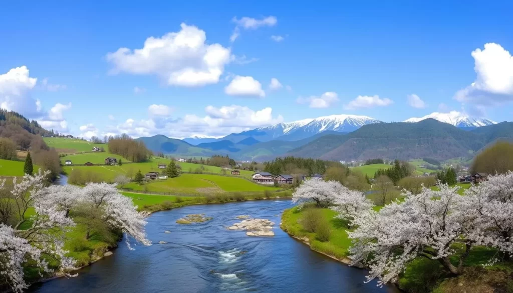 A panoramic view of Gifu Prefecture's idyllic countryside on a pleasant spring day. In the foreground, a picturesque river flows gently, its banks lined with blooming cherry blossom trees. The middle ground features rolling green hills dotted with traditional Japanese farmhouses and lush, verdant forests. In the distance, the majestic Japanese Alps rise up, their snow-capped peaks glistening under the warm, soft sunlight. The sky is a serene azure, with fluffy white clouds drifting lazily overhead. An overall sense of tranquility and harmony pervades the scene, capturing the essence of Gifu's four distinct seasons.