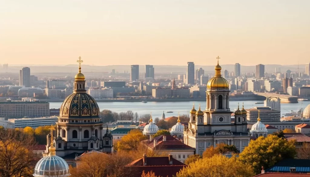 A panoramic view of Kyiv's historic cityscape, bathed in warm golden sunlight. In the foreground, the iconic domes of St. Sophia's Cathedral and St. Michael's Golden-Domed Monastery rise majestically, their ornate architecture gleaming. In the middle ground, the wide Dnieper River flows calmly, its waters reflecting the city's skyline. In the background, modern high-rises and office buildings blend seamlessly with the older, ornate structures, creating a harmonious blend of old and new. The scene exudes a sense of tranquility and timeless elegance, capturing the heart and soul of Ukraine's vibrant capital.