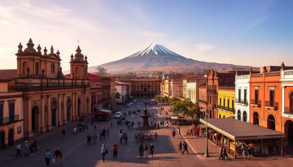 A panoramic view of León, Nicaragua's historic city center, bathed in warm, golden-hour sunlight. Towering colonial cathedrals and colorful Spanish-style architecture line the cobblestone streets, creating a charming, picturesque scene. In the foreground, locals and tourists alike stroll leisurely, taking in the vibrant atmosphere. The middle ground features bustling plazas and lively markets, while the background showcases the majestic Volcán Momotombo, its snow-capped peak rising majestically against a cloudless azure sky. Capture the essence of this vibrant, cultural hub, where past and present seamlessly intertwine.