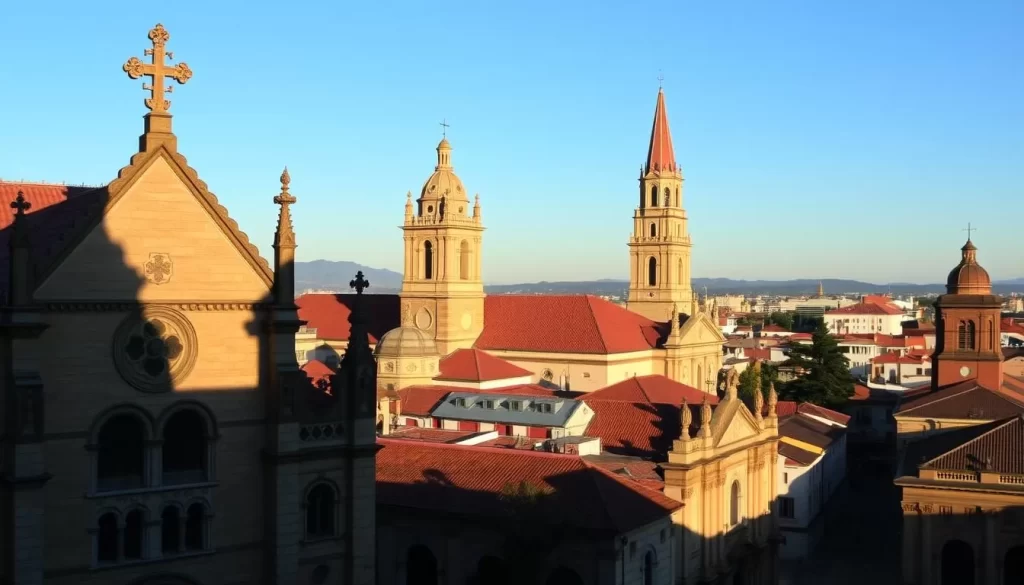 A panoramic view of León's historic churches, bathed in warm afternoon sunlight. In the foreground, the grand façade of the Catedral de León, its Gothic arches and intricate stonework casting dramatic shadows. In the middle ground, the distinctive bell towers of Iglesia de la Recolección and Iglesia de San Juan Bautista stand tall, their red-tiled roofs contrasting with the clear azure sky. In the distance, the silhouettes of other historic churches dot the cityscape, creating a harmonious symphony of architectural styles. The scene exudes a sense of timeless grandeur and spiritual tranquility, inviting the viewer to step back in time and experience the rich cultural heritage of this Nicaraguan gem.