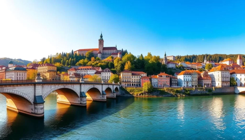 A panoramic view of Ljubljana's charming cityscape on a pleasant sunny day. In the foreground, the iconic Triple Bridge spans the tranquil Ljubljanica River, its classic architecture reflecting in the water. In the middle ground, the medieval Ljubljana Castle stands atop a verdant hill, its towering spires and walls silhouetted against the blue sky. In the background, a cluster of colorful, historic buildings with terracotta roofs nestle along the riverbanks, creating a picturesque old-world atmosphere. The scene is illuminated by warm, golden sunlight, casting long shadows and highlighting the city's timeless beauty. Capture this vibrant, quintessential Ljubljana cityscape with a wide-angle, high-resolution lens for maximum detail and clarity.