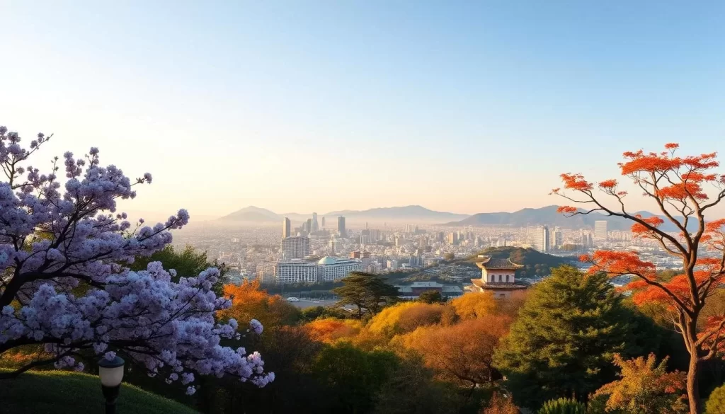 A panoramic view of Nagasaki's four seasons, showcasing the city's natural beauty throughout the year. In the foreground, a tranquil garden with blooming cherry blossoms in spring, giving way to lush greenery in summer. In the middle ground, the historical cityscape of Nagasaki, with its iconic landmarks bathed in warm, golden light. In the distance, the picturesque hills and mountains change with the seasons, showing vibrant autumn foliage and a dusting of snow in winter. The scene is captured with a wide-angle lens, highlighting the harmonious blend of Nagasaki's urban and natural landscapes under a clear, ambient sky.