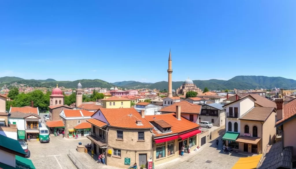 A panoramic view of Novi Pazar, Serbia's Oriental gem, on a pleasant sunny day. In the foreground, narrow cobblestone streets wind through a historic quarter with traditional Ottoman-era architecture, colorful bazaars, and bustling shops. In the middle ground, the iconic Amir-Aginica Mosque with its towering minaret and elegant domes stands as a testament to the city's rich Islamic heritage. The background is dominated by lush green hills and mountains, creating a picturesque contrast between the urban landscape and the surrounding natural beauty. Capture the essence of Novi Pazar's unique blend of Eastern and Western influences through a wide-angle lens that showcases the city's vibrant character and enchanting atmosphere.