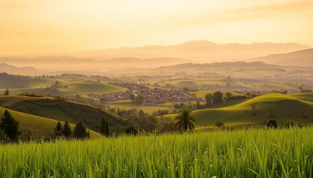 A panoramic view of Rwanda's diverse climate patterns, showcasing the lush, rolling hills and valleys under a warm, golden-hued sky. In the foreground, a verdant, well-manicured field of vibrant green grasses sways gently in a light breeze. In the middle ground, picturesque villages nestled among the undulating landscape, their traditional thatched-roof structures blending seamlessly with the natural environment. Further in the distance, towering, snow-capped peaks pierce the horizon, creating a dramatic and awe-inspiring backdrop. The overall scene radiates a sense of tranquility and harmony, perfectly capturing the essence of Rwanda's remarkable climatic tapestry.