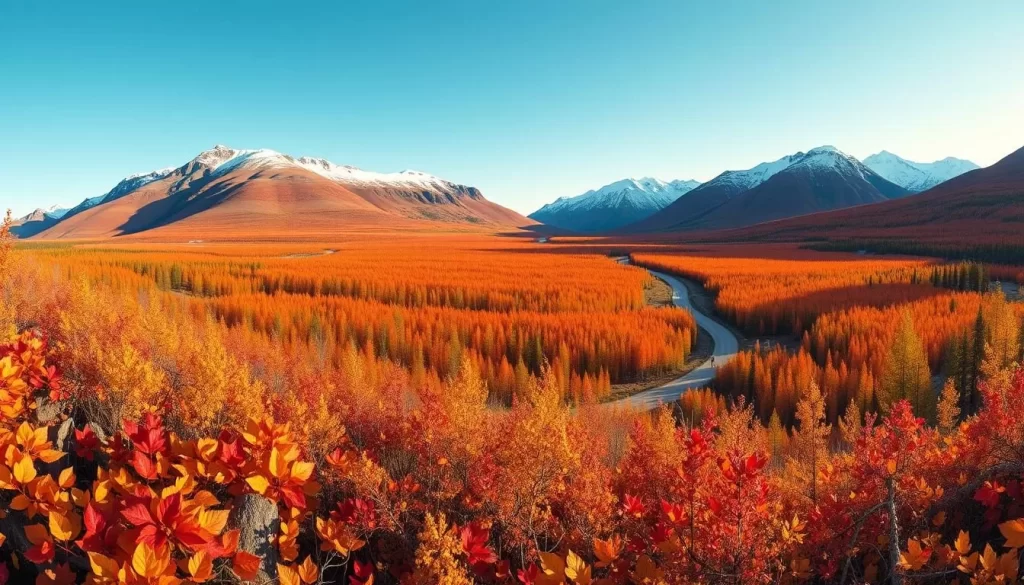 A panoramic view of Tombstone Territorial Park in the Yukon during the vibrant autumn season. The foreground is dominated by a lush carpet of golden and crimson leaves, gently swaying in the cool breeze. The middle ground features a winding trail that leads through a dense, colorful forest, with sunlight filtering through the canopy. In the background, rugged, snow-capped peaks rise majestically, their slopes draped in a tapestry of warm hues. The lighting is soft and diffused, creating a serene, contemplative atmosphere. Captured with a wide-angle lens to emphasize the grandeur of the landscape.