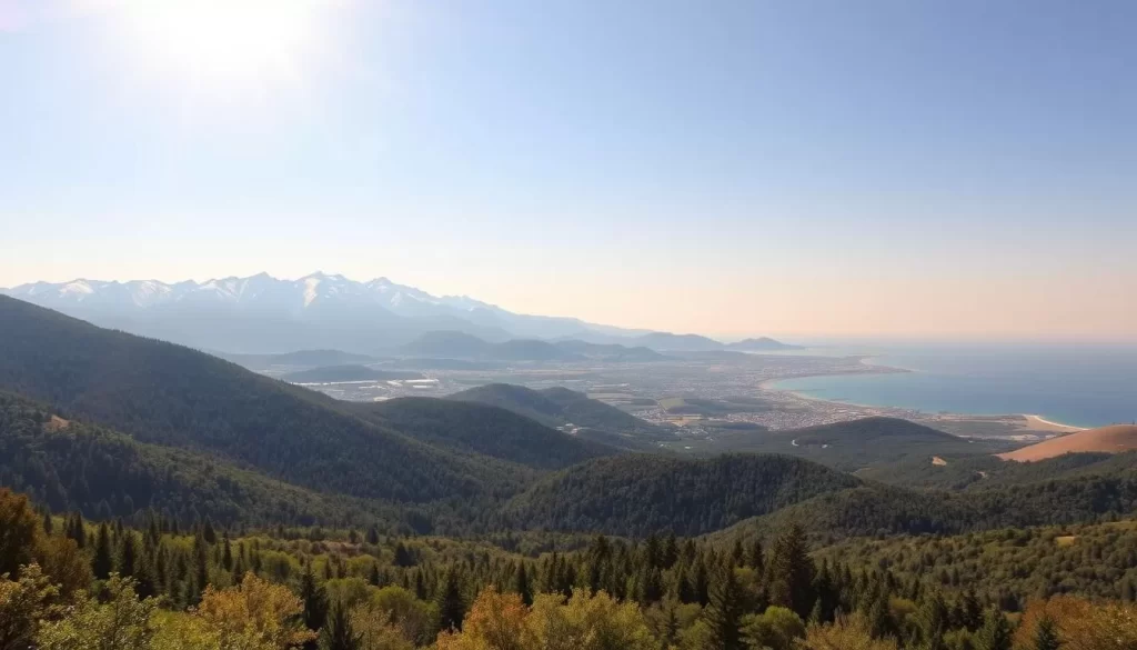 A panoramic view of Turkey's diverse climate zones, showcased under a bright, sun-dappled sky. In the foreground, lush, verdant forests stretch out, transitioning into the rolling hills of the central Anatolian plateau. Further back, the majestic snow-capped peaks of the Taurus Mountains rise, their icy caps glittering in the warm, directional light. Towards the horizon, the deep blue of the Aegean and Mediterranean Seas meet the golden sands of Turkey's picturesque coastlines. The scene captures the remarkable range of climates and landscapes that make Turkey a true weather-savvy travel destination.