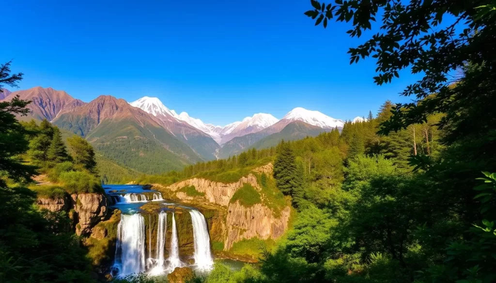 A panoramic view of the Tōhoku region's rugged mountainous landscape, bathed in warm golden light. Towering peaks rise in the distance, their snow-capped summits glowing against a crisp, azure sky. In the foreground, a cascading waterfall tumbles over ancient, moss-covered rocks, its crystal-clear waters reflecting the surrounding verdant forest. Lush, verdant foliage frames the scene, creating a sense of tranquility and unspoiled natural beauty. The composition showcases the majestic, untamed wilderness of Japan's northeastern frontier, inviting the viewer to explore and discover its enchanting wonders.