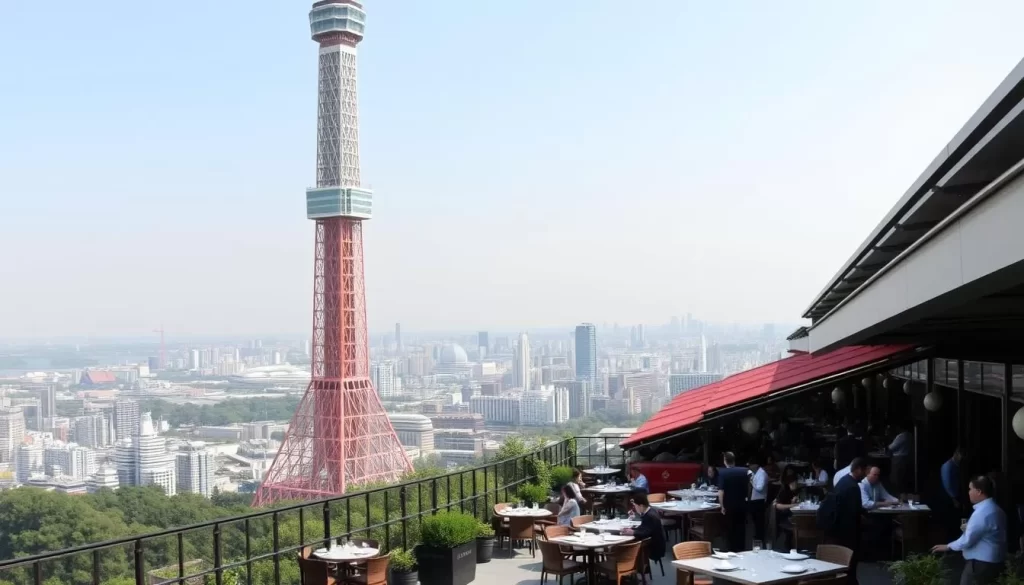 A panoramic view of the Tokyo Skytree, a stunning modern landmark towering over the bustling city. In the foreground, a variety of upscale restaurants and cafes line the base of the tower, their outdoor seating areas filled with patrons enjoying the warm, sunny day. The middle ground showcases the sleek, angular architecture of the Skytree, its observation decks and restaurants visible at different levels. In the background, the cityscape of Tokyo unfolds, with a mix of high-rise buildings and lush greenery. The scene is bathed in a soft, diffused lighting, creating a welcoming and inviting atmosphere for diners to savor the panoramic views of the Japanese capital.