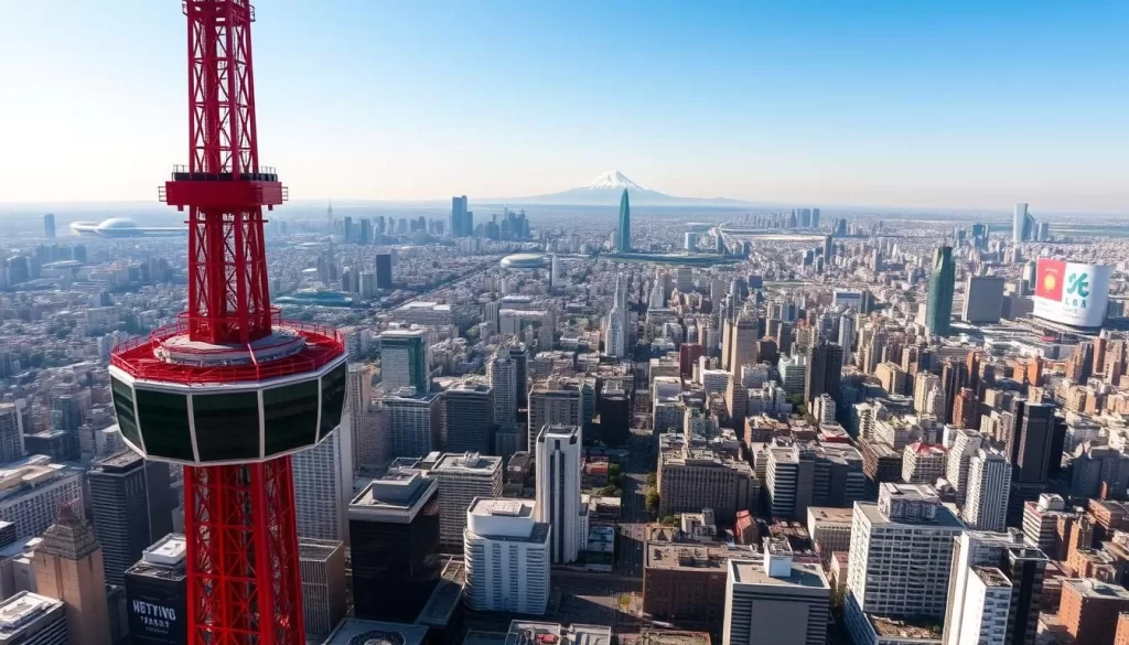 A panoramic view of the Tōkyō Tower observation deck, overlooking the bustling cityscape of Tōkyō on a clear, sunny day. In the foreground, the iconic red-and-white tower stands tall, its observation levels providing a breathtaking vantage point. The mid-ground features the vibrant urban landscape, with skyscrapers, office buildings, and residential districts sprawling out in all directions. In the background, the distinct silhouettes of Mount Fuji and other distant peaks create a stunning natural backdrop. Warm, diffused lighting illuminates the scene, casting gentle shadows and highlights that accentuate the architectural details and the city's energy. The composition captures the grandeur of the tower and the expansive, panoramic views that visitors can experience from the observation decks.