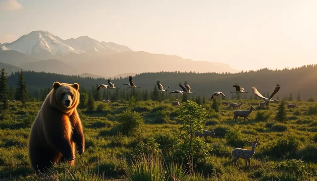 A panoramic view of the lush, verdant wilderness of Shiretoko National Park, where majestic wildlife roams freely. In the foreground, a Ussuri brown bear stands tall, its thick fur glistening in the warm sunlight. In the middle ground, a family of red-crowned cranes gracefully takes flight, their elegant wings outstretched against a backdrop of towering mountains capped with snow. In the distance, a group of Sika deer graze peacefully, their spotted coats blending seamlessly with the dense forest. The scene is bathed in a soft, golden glow, creating a serene and awe-inspiring atmosphere that captures the essence of this remarkable natural sanctuary.