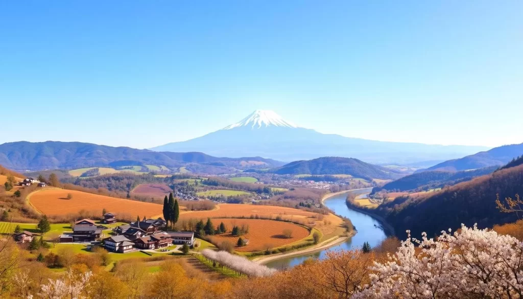 A panoramic view of the rolling hills and lush forests of Yamanashi Prefecture on a clear, sunny day. In the foreground, a picturesque village nestled among orchards and vineyards, with traditional Japanese architecture bathed in warm, golden light. The middle ground features a winding river snaking through the landscape, its banks lined with cherry blossom trees in full bloom. In the distance, the majestic silhouette of Mount Fuji stands tall, its snow-capped peak piercing the azure sky. The scene exudes a sense of tranquility and natural harmony, capturing the essence of Yamanashi's temperate, four-season climate.