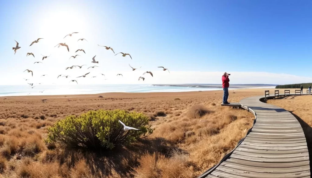 A panoramic vista of Churchill, Manitoba, showcasing the town's iconic wooden boardwalk winding through the windswept tundra. In the foreground, a pair of avid birdwatchers, binoculars in hand, observe a flock of arctic terns effortlessly gliding through the clear, crisp air. The middle ground features a cluster of dwarf birch and willow shrubs, their leaves shimmering in the warm, golden light of the northern summer. In the distance, the majestic silhouettes of the Hudson Bay coastline and the windswept boreal forest create a serene, natural backdrop, inviting visitors to immerse themselves in the beauty of Churchill's renowned wildlife habitat.