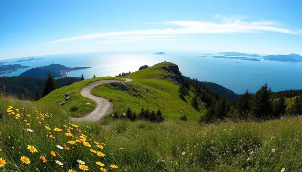 A panoramic vista of San Juan Island's scenic viewpoint on a picturesque day. In the foreground, lush meadows and wildflowers sway gently in the cool breeze. The middle ground features a winding trail leading to a rocky outcrop, offering an elevated perspective of the surrounding landscape. In the background, the deep blue waters of the Salish Sea glimmer under the soft, natural lighting, with the silhouettes of distant islands and snow-capped mountains providing a breathtaking backdrop. Capture the peaceful tranquility and natural beauty of this iconic Pacific Northwest setting with a wide-angle lens, showcasing the captivating outdoor adventures and natural wonders of the San Juan Islands.