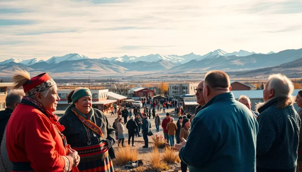 A panoramic vista of the Yukon landscape, showcasing the cultural tapestry of its linguistic diversity. In the foreground, a group of indigenous elders engage in a lively conversation, their traditional garments and accessories vibrant against the natural backdrop. The middle ground features a bustling town square, where people of various ethnicities converse in a harmonious blend of languages, from Gwich'in to Tlingit. In the distance, snow-capped mountains rise majestically, evoking a sense of timeless tranquility. The scene is bathed in warm, golden sunlight, capturing the essence of the region's cultural richness and the profound connection between the people and their ancestral tongues.