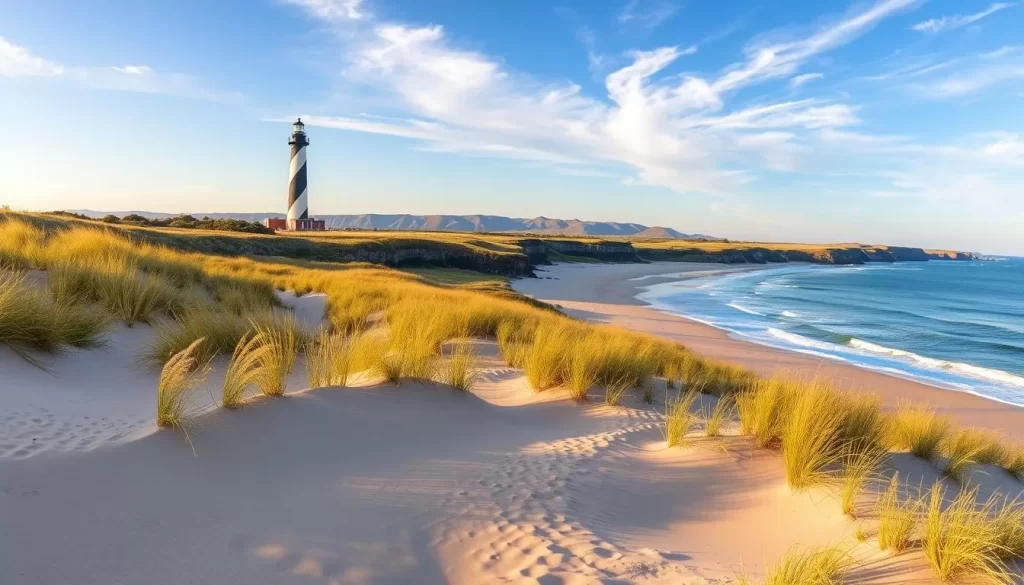 A panoramic vista of the iconic Cape Hatteras National Seashore, showcasing its rich history and stunning natural landscapes. In the foreground, undulating sand dunes dotted with lush, wind-swept beach grasses lead to a pristine shoreline, where gentle waves caress the golden sands. In the middle ground, the majestic Cape Hatteras Lighthouse, its black-and-white stripes a beacon for mariners, stands tall against a clear, azure sky. In the background, rugged cliffs and rolling hills merge with the horizon, creating a sense of timelessness and enduring natural beauty. Warm, golden sunlight filters through wispy clouds, casting a soft, inviting glow over the entire scene, evoking the serenity and tranquility of this remarkable coastal paradise.