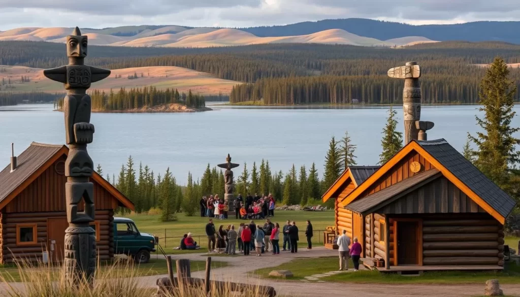 A peaceful landscape of Indigenous heritage sites nestled along the serene shores of Lake Manitoba. In the foreground, traditional wooden cabins and totem poles stand tall, their intricate carvings illuminated by warm, soft lighting. The middle ground features a gathering of indigenous elders and community members, engaged in cultural ceremonies and rituals. In the background, rolling hills and dense forests create a picturesque backdrop, with the lake's calm waters reflecting the beauty of the natural surroundings. The scene conveys a sense of tranquility, harmony, and a deep connection to the land and its rich cultural heritage.