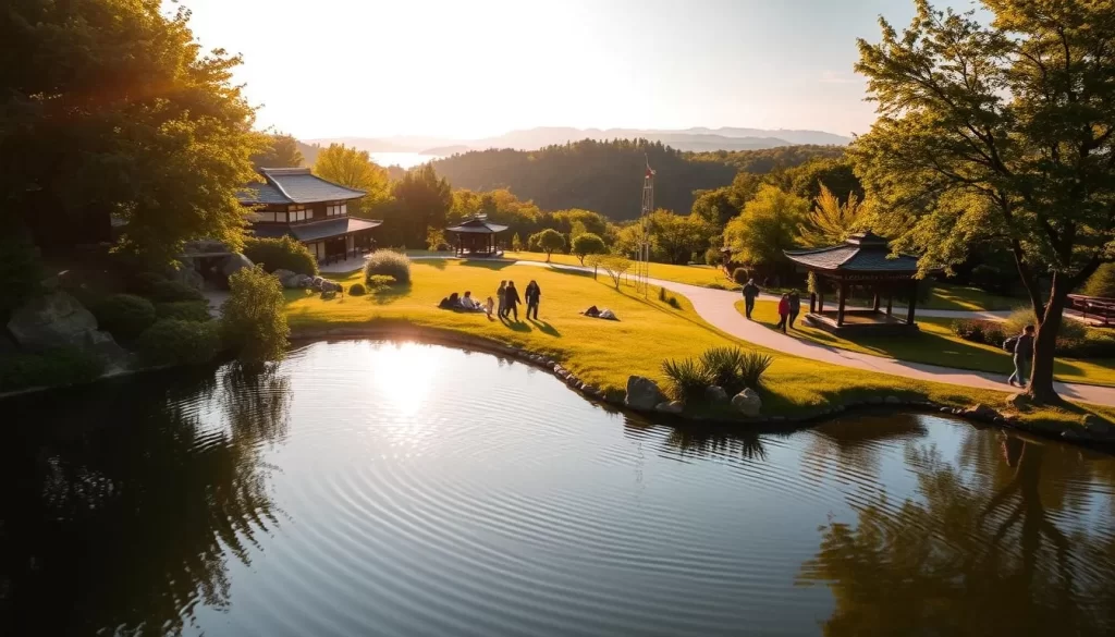 A peaceful summer day in Shimane Prefecture, Japan. A lush, verdant landscape unfolds, dotted with traditional Japanese architecture bathed in warm, golden sunlight. In the foreground, a tranquil pond reflects the surrounding foliage, its surface rippling gently. In the middle ground, people stroll along a winding path, admiring the scenic beauty. In the background, rolling hills and distant mountains create a serene, picturesque setting. The atmosphere is calm and relaxed, inviting the viewer to immerse themselves in the natural splendor of this idyllic summer scene.