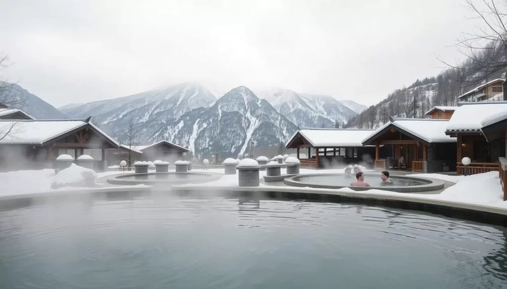 A peaceful winter landscape in Ōita, Japan, with a traditional onsen nestled among snow-capped mountains. The foreground features a tranquil hot spring, wisps of steam rising from its inviting waters. In the middle ground, people relax in the outdoor baths, enjoying the therapeutic natural warmth. The background showcases the majestic peaks, blanketed in a pristine layer of fresh snow, glimmering under the soft, diffused light of an overcast sky. The scene evokes a sense of serenity and rustic charm, capturing the essence of winter in this enchanting prefecture.