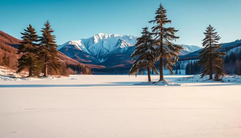 A peaceful winter landscape of Sanriku Recovery National Park, Japan. Picturesque snow-capped mountains rise in the background, their rugged peaks kissed by the soft golden light of the setting sun. In the foreground, a frozen lake reflects the tranquil scene, its surface dotted with patches of pristine white snow. Tall, ancient pine trees stand solemnly along the shores, their branches laden with delicate icicles that glisten in the crisp, clear air. A light dusting of snow covers the rolling hills, creating a serene and enchanting atmosphere. The overall mood is one of calm, natural beauty, inviting visitors to immerse themselves in the park's restorative power during the winter months.
