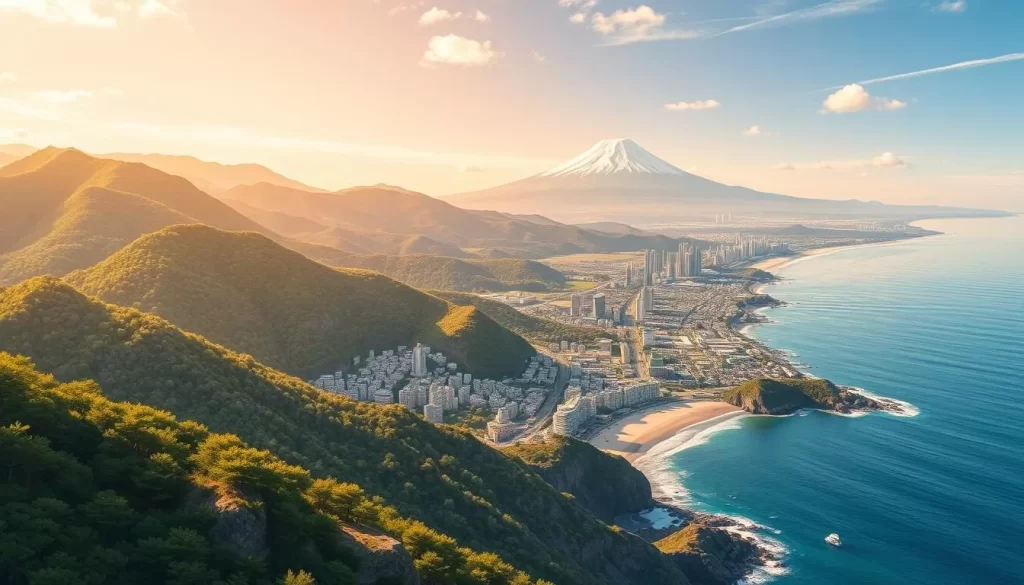 A photorealistic illustration of the Kanagawa Prefecture in Japan, showcasing its coastal landscapes and scenic beauty. Depict a sunny day with a warm, golden glow illuminating the region's rolling hills, lush forests, and picturesque seaside towns. Capture the rugged cliffs, pristine beaches, and the iconic Mount Fuji in the distance, creating a sense of tranquility and wonder. Employ a wide-angle lens to provide a comprehensive view of the prefecture, highlighting its diverse topography and natural wonders. Convey a mood of serenity and exploration, inviting the viewer to discover the hidden gems of this coastal gem.