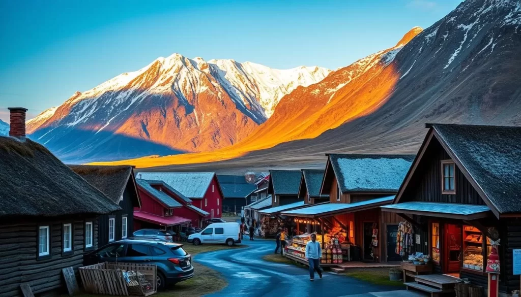 A picturesque Icelandic village nestled along the coast of Manitoba, Canada. In the foreground, traditional turf-roofed houses stand in harmony with the rugged landscape, their wooden facades weathered by time. Towering mountains rise in the distance, their snow-capped peaks reflecting the golden light of the sun. In the mid-ground, a bustling marketplace showcases the vibrant cultural heritage, with local artisans offering handcrafted goods and delicacies. The air is crisp and clean, infused with the salty scent of the nearby fjord. A sense of tranquility and timelessness pervades the scene, capturing the essence of Gimli's Icelandic roots.