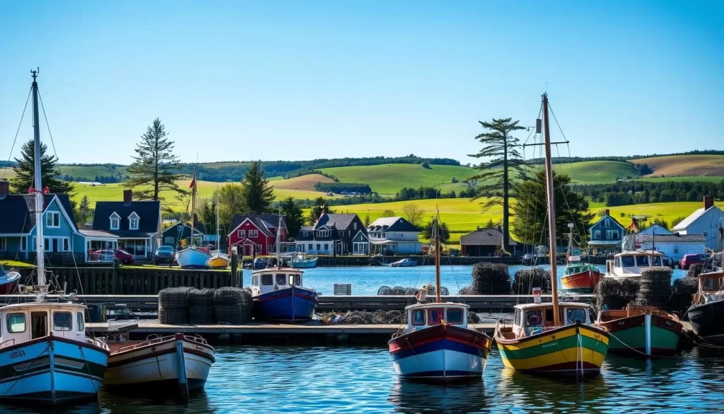 A picturesque Malpeque Harbor scene on a sunny day. In the foreground, colorful fishing boats bob gently in the calm waters, their weathered hulls and riggings reflecting the dazzling sunlight. Numerous crab traps and lobster pots are stacked neatly on the docks, ready for the next day's catch. In the middle ground, charming cottages and quaint shops line the shore, their traditional Maritime architecture exuding a sense of timeless character. Tall trees sway in the gentle breeze, framing the harbor and creating a tranquil, peaceful atmosphere. In the background, the rolling hills of Prince Edward Island stretch out, their verdant meadows and wooded slopes completing the picturesque rural landscape. The whole scene is bathed in a warm, golden glow, capturing the essence of the Malpeque harbor and fishing village.