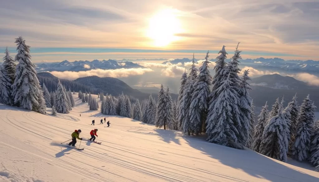 A picturesque alpine ski slope in Slovenia, nestled amidst the majestic Slovenian Alps. The foreground showcases a group of skiers gracefully carving through the pristine, powdery snow, their colorful outfits adding a vibrant touch to the scene. The middle ground reveals a well-groomed ski run, flanked by tall, snow-dusted pine trees that sway gently in the crisp, refreshing breeze. In the background, a panoramic view of snow-capped peaks stretches out, bathed in the warm, golden glow of the sun filtering through wispy clouds. The overall atmosphere exudes a sense of tranquility, adventure, and the natural beauty that Slovenia's alpine landscapes have to offer.