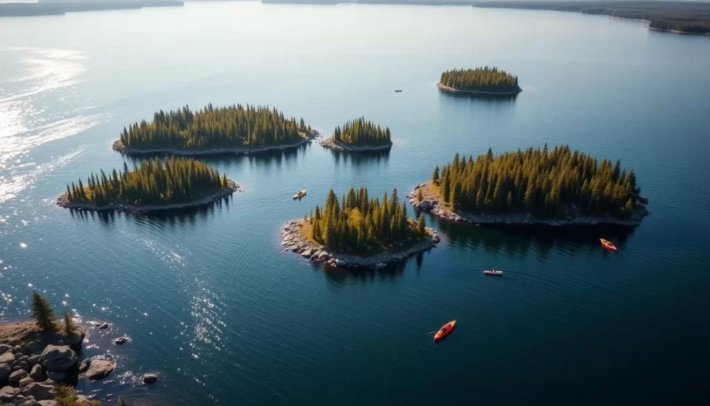 A picturesque archipelago of lush, forested islands dotting the serene waters of Lake Athapapuskow. Towering pines and birch trees line the rocky shores, their reflections rippling in the calm, clear lake. Sunlight dances across the glimmering surface, illuminating the islands' natural beauty. Kayaks and small boats navigate between the islands, offering a tranquil, intimate experience of this untamed wilderness. Capture the essence of an "Island Hopping Adventure" with this idyllic lakeside scene, complete with a warm, golden glow and a sense of peaceful isolation.