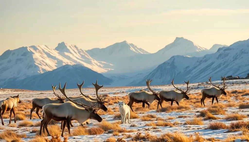 A picturesque arctic landscape where wildlife viewing takes center stage. In the foreground, a herd of majestic caribou graze peacefully, their antlers casting long shadows in the soft, golden light. In the middle ground, a lone arctic fox pauses, its fluffy white coat standing out against the rugged, snow-covered terrain. In the distance, towering mountains rise, their peaks capped with pristine snow, creating a serene and awe-inspiring backdrop. The scene is bathed in a warm, natural light, conveying a sense of tranquility and wonder. A wide-angle lens captures the expansive, panoramic view, inviting the viewer to immerse themselves in this stunning Arctic oasis.