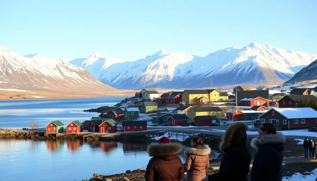 A picturesque arctic village nestled amidst towering snow-capped mountains, the Grise Fiord community stands in stark contrast to the vast surrounding wilderness. Capture the quaint colorful houses lining the shoreline, their vibrant hues reflecting in the still waters of the inlet. In the foreground, a group of locals engage in traditional activities, their warm parkas and fur-lined hoods casting a cozy ambiance. The middle ground reveals the bustling hub of the community, with residents moving between the general store and community center under the warm glow of the afternoon sun. In the distance, the jagged peaks of the Baffin Mountains rise majestically, their icy slopes gleaming under the clear blue sky. Convey a sense of tranquility and resilience as this remote northern outpost thrives in its harsh yet beautiful environment.