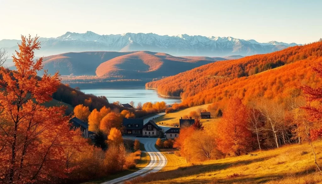 A picturesque autumn day in the rolling hills of Ukraine. In the foreground, a quaint village nestled among vibrant orange and red trees, their leaves gently swaying in the soft breeze. In the middle ground, a winding dirt road leads to a serene lake, its surface reflecting the warm hues of the sky. In the background, a range of mountains stand tall, their peaks dusted with a light layer of snow. The scene is bathed in the golden glow of the afternoon sun, casting long shadows and creating a cozy, inviting atmosphere. The lighting is soft and natural, captured through a wide-angle lens to showcase the breathtaking panorama. This is autumn in Ukraine - a season of stunning natural beauty and tranquility.