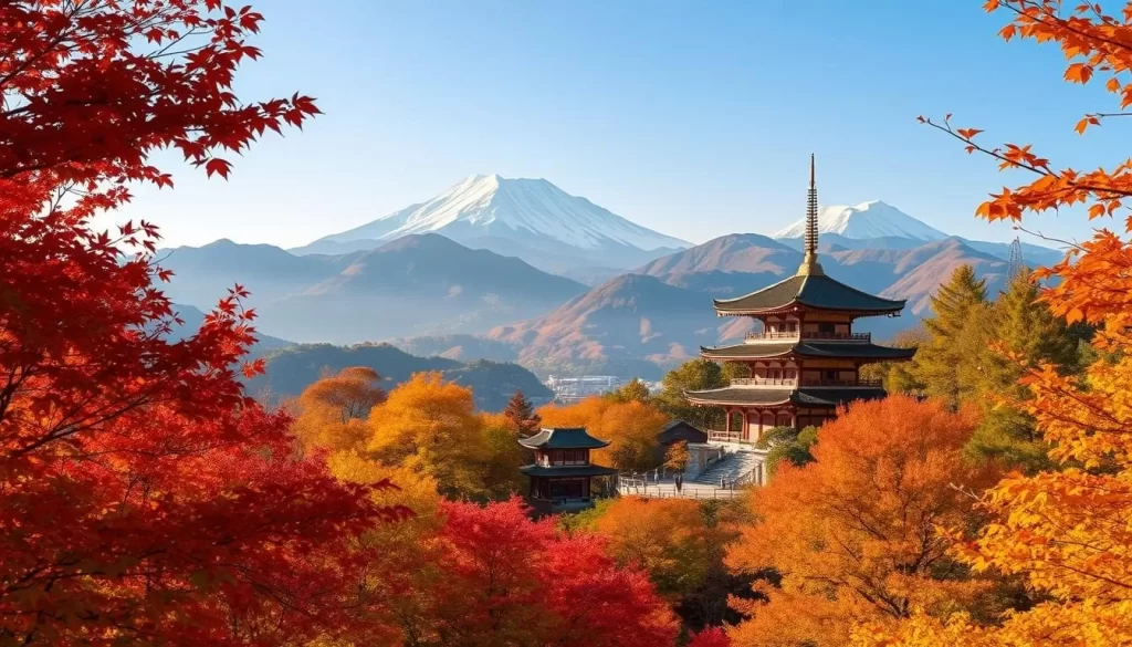 A picturesque autumn landscape in Nagano, Japan. The foreground is filled with a vibrant array of maple trees, their leaves ablaze in shades of red, orange, and gold. The middle ground features a traditional Japanese temple nestled among the foliage, its serene atmosphere inviting exploration. In the background, rolling hills and mountains rise up, their peaks dusted with a light layer of snow, creating a stunning contrast against the warm autumn colors. The scene is bathed in soft, diffused natural lighting, casting a golden glow over the entire tableau. Capture the essence of Nagano's autumn splendor in a stunning, photorealistic image.