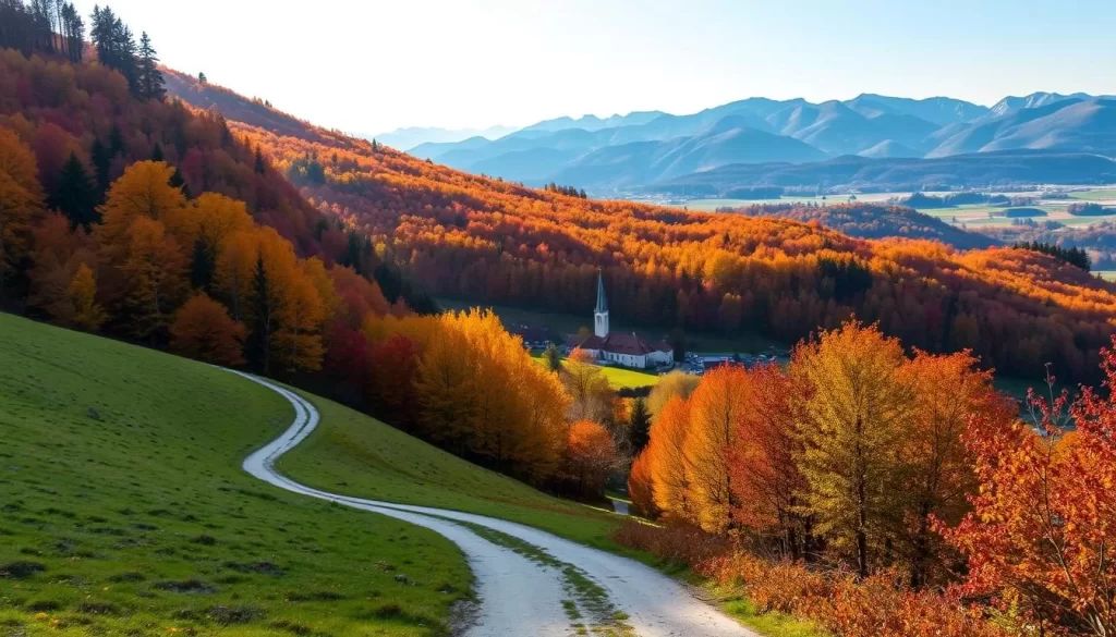 A picturesque autumn landscape in Slovakia, showcasing a rolling hillside blanketed in vibrant hues of orange, yellow, and red foliage. In the foreground, a winding dirt path leads the viewer through a serene forest, sunlight filtering gently through the canopy above. The middle ground reveals a quaint village nestled in the valley, its traditional architecture and church steeple standing in contrast to the natural beauty surrounding it. In the distance, a range of majestic mountains rises up, their peaks dusted with the first hints of winter snow. The overall scene evokes a sense of tranquility and budget-friendly charm, capturing the essence of Slovakia in the autumn season.