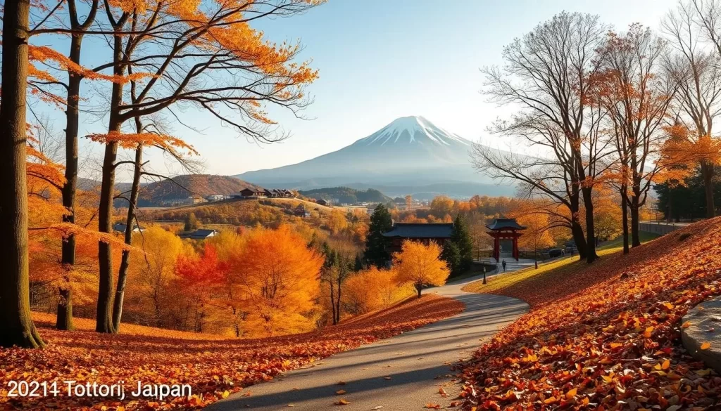 A picturesque autumn landscape in Tottori, Japan. In the foreground, a winding path leads through a vibrant carpet of fallen leaves, in shades of red, gold, and amber. Towering deciduous trees line the path, their branches casting dappled shadows across the ground. In the middle distance, rolling hills are ablaze with the warm hues of the season, dotted with traditional Japanese farmhouses and shrines. The background features a majestic mountain range, its peaks capped with a dusting of fresh snow, bathed in the soft, golden light of the afternoon sun. The overall scene exudes a sense of tranquility and natural beauty, perfectly capturing the essence of autumn in this picturesque region of Japan.