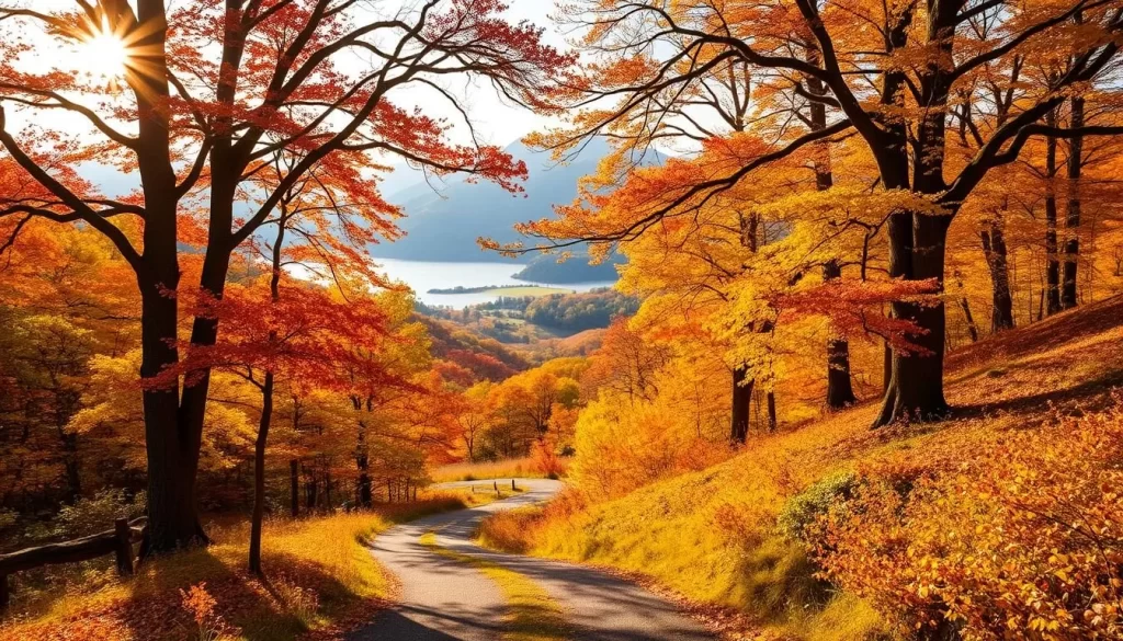 A picturesque autumn scene in Chiba, Japan. Lush, vibrant foliage in shades of gold, amber, and crimson adorns the rolling hills. A winding path leads through the vibrant landscape, flanked by tall, ancient trees whose leaves flutter softly in the gentle breeze. Warm, golden sunlight filters through the branches, casting a cozy, inviting glow over the peaceful scene. In the distance, a serene lake reflects the colorful autumnal display. The atmosphere is one of tranquility and natural beauty, perfectly capturing the essence of autumn in Chiba.