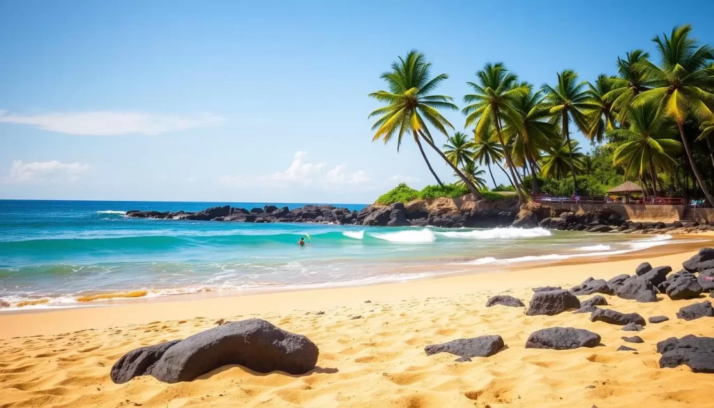 A picturesque beach scene at El Tunco, El Salvador. The foreground features a long stretch of golden sand, dotted with smoothly worn volcanic rocks. In the middle ground, a crystal-clear azure ocean gently laps at the shore, inviting surfers to ride its gentle waves. In the background, lush green palm trees sway in the warm Pacific breeze, framing the serene tropical landscape. The scene is bathed in soft, natural lighting, creating a tranquil, postcard-worthy atmosphere. Capture the essence of this idyllic surf paradise with a wide-angle lens, showcasing the beauty and allure of El Tunco Beach.