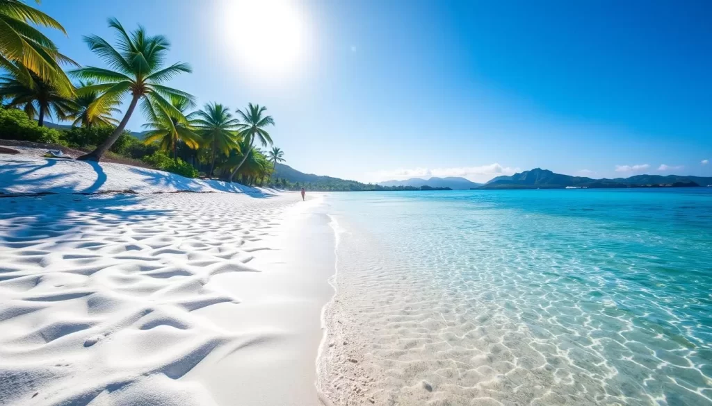 A picturesque beach scene at Hoshinozura, Okinawa. Glistening white sand forms intricate star-shaped patterns under a bright, warm sun. The crystal-clear, teal waters of the East China Sea gently lap at the shore, creating a serene and tranquil atmosphere. In the middle ground, lush palm trees sway gently in the coastal breeze, adding a touch of tropical beauty. The background features rolling hills and distant mountains, creating a breathtaking natural landscape. Capture this magnificent beach setting with a wide-angle lens to showcase the full grandeur of this stunning location.