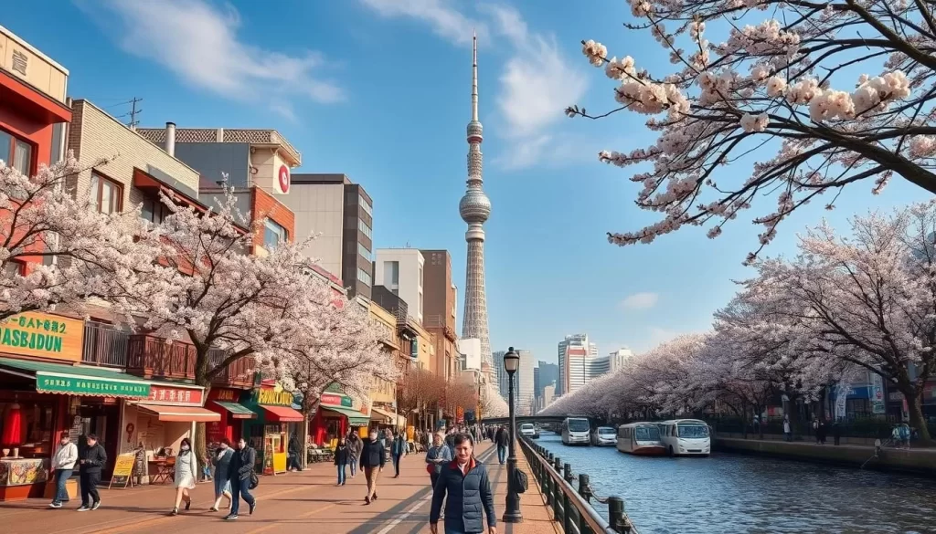 A picturesque cityscape of Chūō-ku, Tokyo during a pleasant spring day. Capture the bustling energy of the district's vibrant streets, lined with charming shops, restaurants, and historic landmarks. Showcase the iconic Tokyo Skytree towering in the distance, its sleek silhouette casting a gentle shadow over the scene. Depict people leisurely strolling along the Sumida River promenade, appreciating the serene waterfront and the beautiful cherry blossoms in bloom. Utilize soft, diffused lighting that creates a warm, inviting atmosphere, inviting the viewer to imagine the best time to immerse themselves in the dynamic heart of Japan's capital.