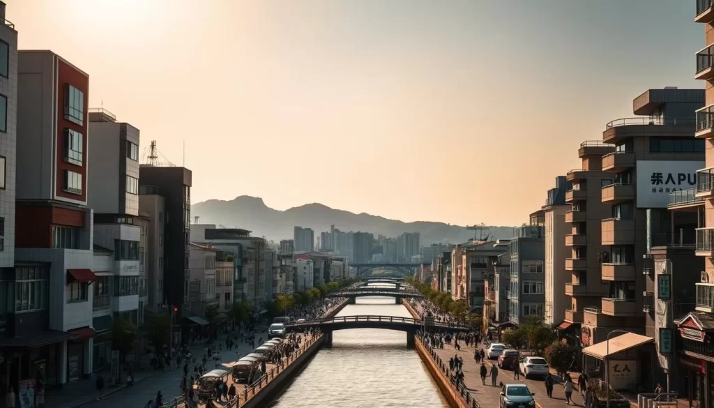 A picturesque cityscape of Fukuoka, the vibrant port city on the northern shore of Kyushu Island, Japan. In the foreground, bustling streets lined with modern high-rises and traditional Japanese architecture, people going about their daily lives. The middle ground showcases the iconic Hakata Canal, its serene waters reflecting the surrounding buildings. In the background, the silhouettes of lush green hills rise majestically, framing the scene. Warm, golden sunlight bathes the entire vista, creating a welcoming and tranquil atmosphere. Capture this stunning panorama of Fukuoka, the gateway to the wonders of Kyushu, through a wide-angle lens that accentuates the depth and scale of this picturesque urban landscape.
