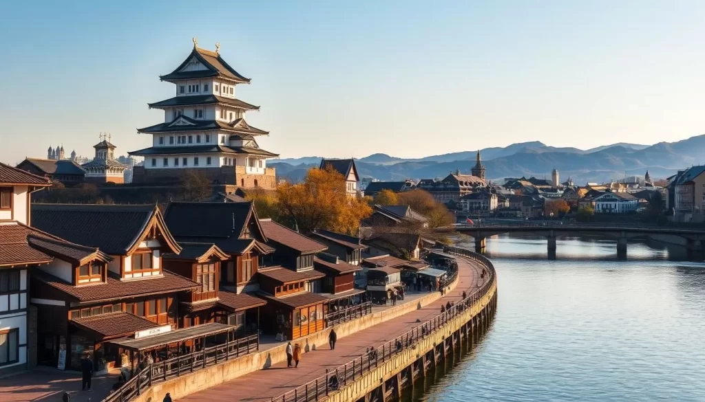 A picturesque cityscape of Gifu, Japan, bathed in warm afternoon sunlight. The historic Gifu Castle perches atop a hill, its pagoda-style architecture reflected in the tranquil Nagara River below. In the foreground, quaint traditional buildings line the riverbanks, their clay-tiled roofs and intricate wooden details inviting exploration. People stroll along the promenade, taking in the serene atmosphere. In the distance, the rolling hills of the Gifu countryside provide a lush, mountainous backdrop. Capture the essence of this charming city guide, where ancient history and modern life seamlessly coexist.