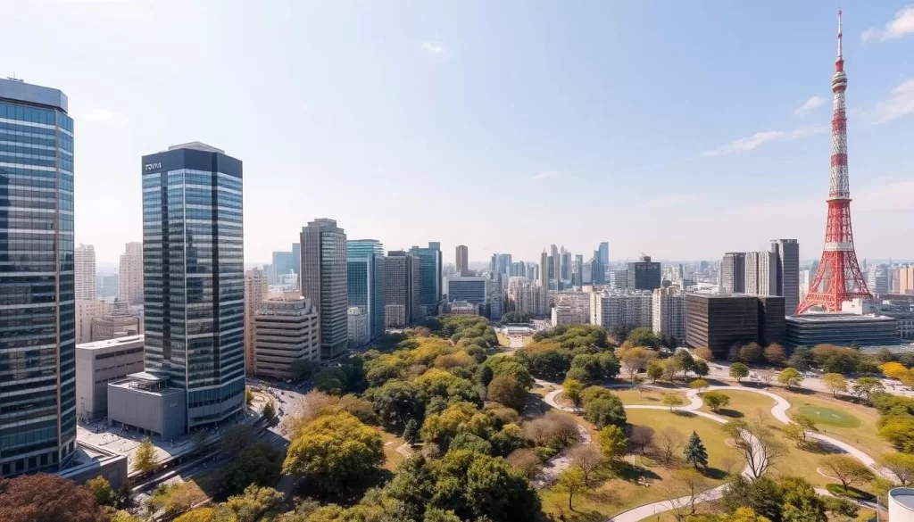 A picturesque cityscape of Minato-ku, Tokyo on a pleasantly sunny day. Capture the serene atmosphere of the upscale district, showcasing its iconic architecture and bustling urban landscape. Depict the stunning skyscrapers of Roppongi Hills in the foreground, their sleek glass and steel facades gleaming in the warm sunlight. In the middle ground, showcase the lush greenery of Shiba Park, its tranquil ponds and winding pathways providing a peaceful respite from the city bustle. In the background, the magnificent Tokyo Tower rises majestically, its latticed structure a symbol of the city's modernity. Utilize a wide-angle lens to capture the panoramic sweep of the scene, with a crisp, high-resolution clarity that immerses the viewer in the vibrant energy of Minato-ku.