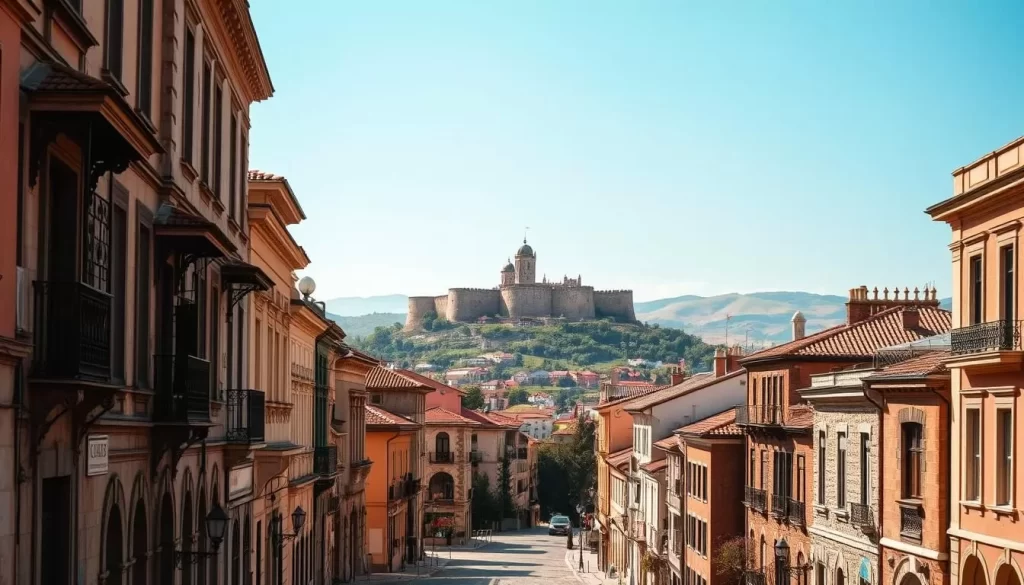 A picturesque cityscape of Niš, Serbia, bathed in warm afternoon sunlight. In the foreground, cobblestone streets lined with historic buildings, their facades adorned with intricate architectural details. In the middle ground, the iconic Niš Fortress rises majestically, its towers and ramparts a testament to the city's storied past. Beyond, the rolling hills of the Serbian countryside provide a scenic backdrop, with a clear blue sky overhead. The scene conveys a sense of timeless elegance and a vibrant, well-preserved heritage, inviting the viewer to explore the rich history and charm of this historic Serbian gem.