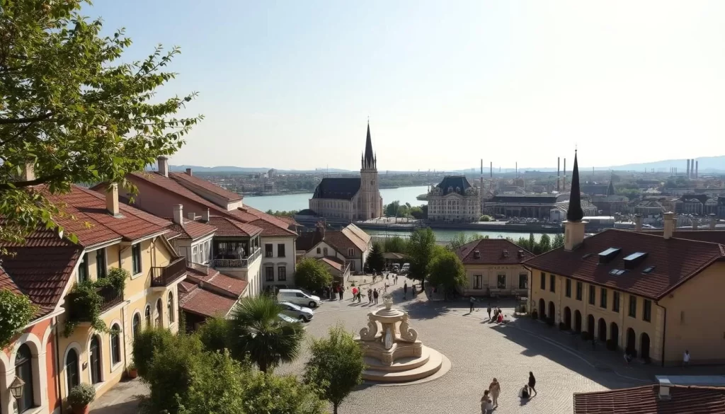A picturesque cityscape of Pančevo, Serbia, on a warm, sunny day. In the foreground, cobblestone streets and charming buildings with terracotta roofs and colorful facades. A central plaza with a ornate fountain and lush greenery. In the middle ground, the iconic Pančevo Cathedral, its spires reaching towards the sky. Behind it, the Danube River flows calmly, its banks dotted with trees and people enjoying the outdoors. In the distance, the industrial silhouettes of Pančevo's factories, a testament to the city's history and economic importance. Soft, diffused lighting bathes the scene, creating a serene and inviting atmosphere. The image captures the essence of Pančevo - a harmonious blend of historic architecture, natural beauty, and modern development.