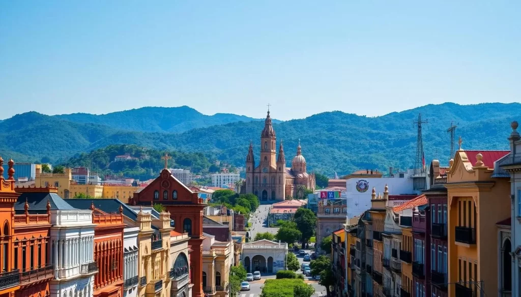 A picturesque cityscape of San Salvador, the capital of El Salvador, under a clear blue sky. In the foreground, bustling streets lined with colorful colonial-style buildings, their facades adorned with intricate architectural details. In the middle ground, the iconic Catedral Metropolitana de San Salvador stands tall, its spires reaching towards the heavens. In the background, a verdant backdrop of lush hills and mountains, creating a stunning natural contrast to the urban landscape. The scene is bathed in warm, golden sunlight, lending a vibrant and inviting atmosphere. Capture the energy and vibrant spirit of this dynamic Central American city.