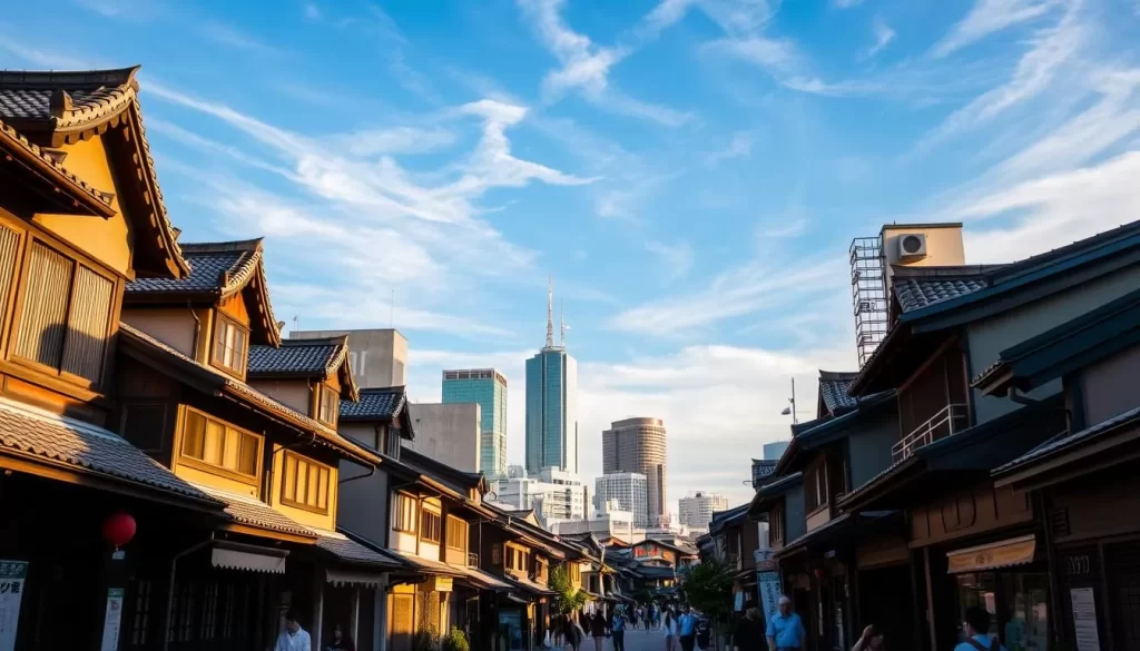 A picturesque cityscape of Taitō-ku, Tokyo's historic heart, bathed in warm afternoon sunlight. Charming traditional buildings with tiled roofs line the narrow streets, their intricate architectural details casting long shadows. In the foreground, pedestrians stroll leisurely, immersed in the vibrant local life. Towering skyscrapers rise in the middle ground, a seamless blend of old and new. The background is framed by a clear blue sky, peppered with wispy clouds, conveying a tranquil and serene atmosphere. Capture the essence of this captivating neighborhood, where modernity coexists harmoniously with Tokyo's timeless cultural heritage.