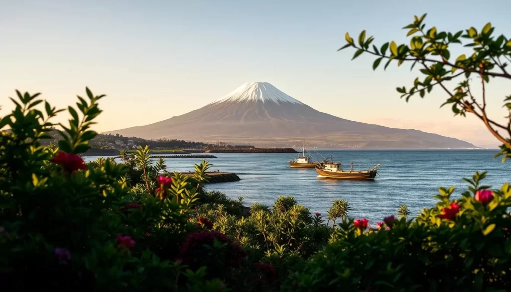 A picturesque coastal landscape in Kagoshima, Japan, on a pleasantly mild and sunny day. In the foreground, lush green foliage and vibrant local flora frame the scene. In the middle ground, the tranquil waters of a sheltered bay glisten under warm golden light, with traditional fishing boats gently rocking on the waves. The background is dominated by the majestic silhouette of the Sakurajima volcano, its snow-capped peak bathed in soft, diffused light. The overall atmosphere evokes a sense of serenity and natural beauty, capturing the essence of Kagoshima's weather-friendly appeal.